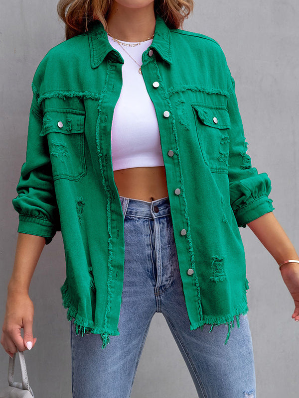 Veste ample à manches longues, à franges, à poches, à col revers