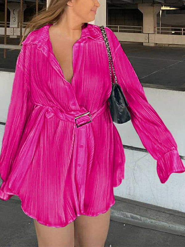 Robe chemise boutonnée plissée à manches longues, à taille nouée, à col revers, couleur unie