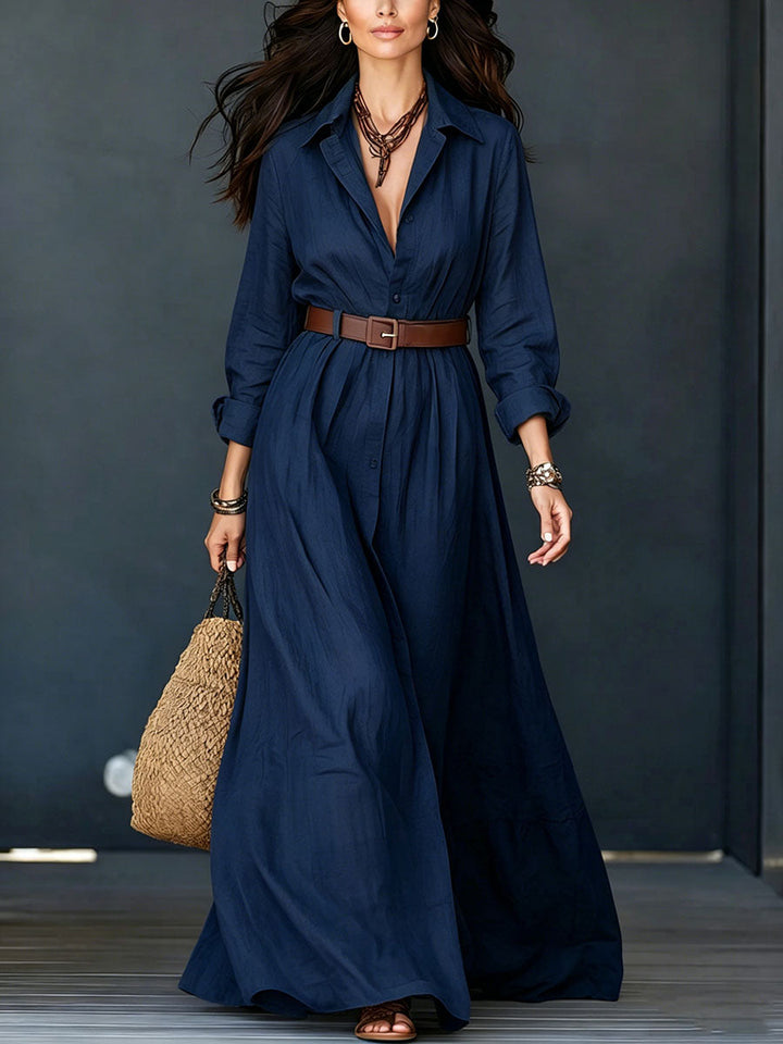 Robe chemise longue boutonnée ample à ourlet ample, à boucle de ceinture, grande taille, à col revers, couleur unie
