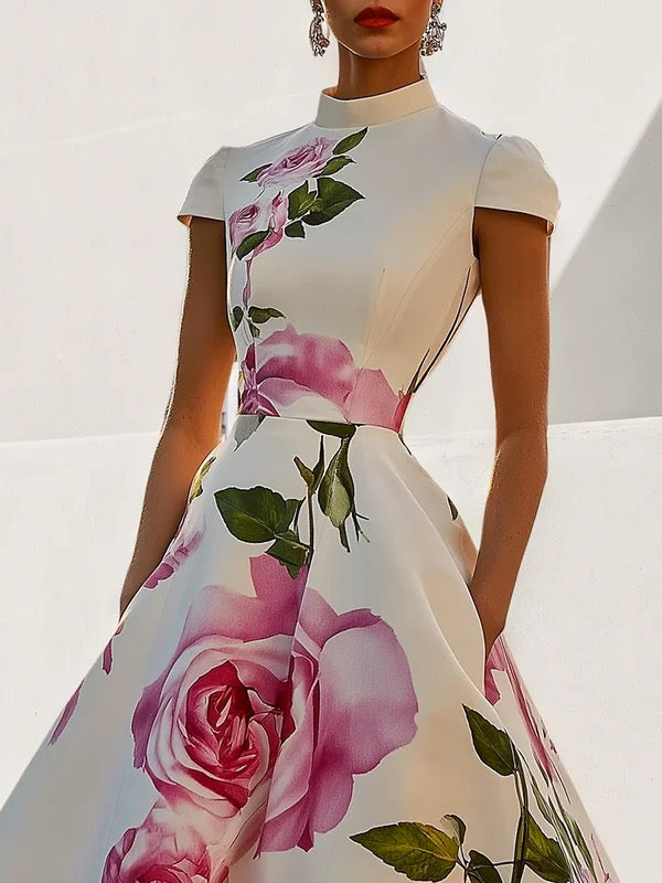 Robe mi-longue à manches courtes, coupe près du corps, à imprimé floral, à col montant
