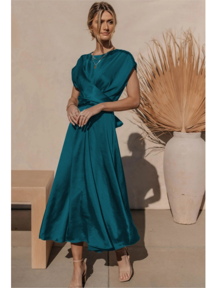 Robe Midi à Manches Courtes en Drapé pour Invitées de Mariage
