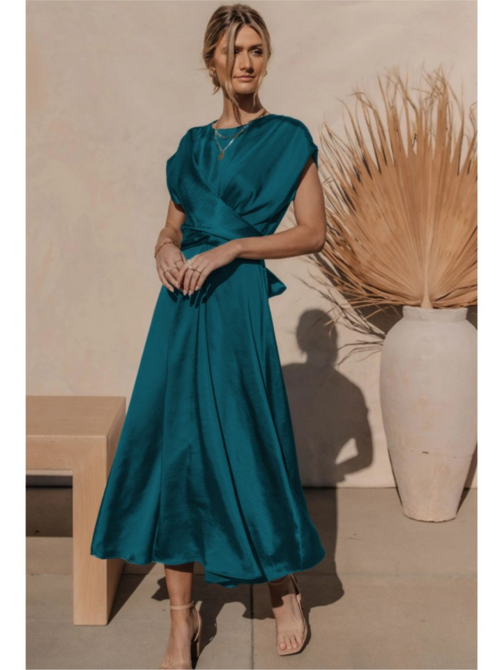 Robe Midi à Manches Courtes en Drapé pour Invitées de Mariage