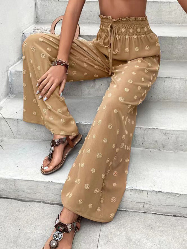 Pantalon ample taille haute, à cordon de serrage, à taille élastique, en jacquard, couleur unie