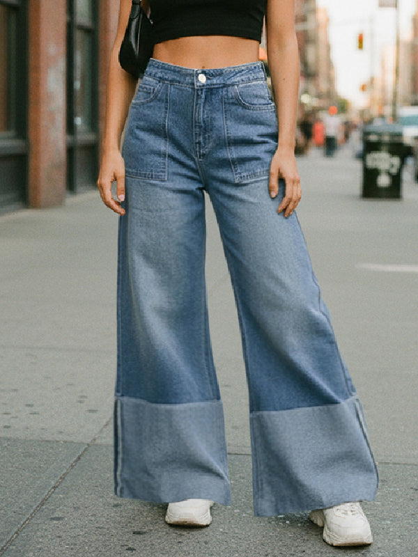 Jean taille haute, à jambes larges, à poches, couleur contrastée