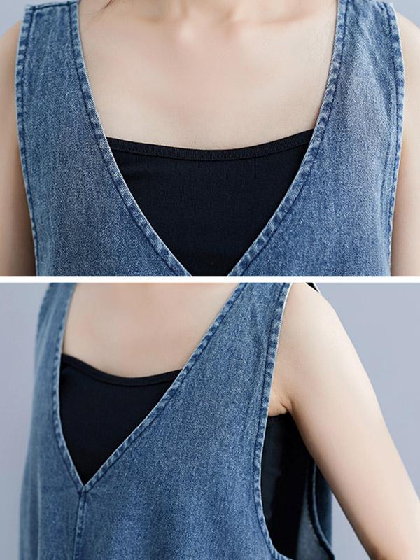 Robe mi-longue ample sans manches, en jean, à col en V