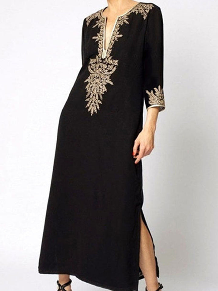 Robe longue ample imprimée fendue sur le côté à manches trois-quarts, à empiècements, à col en V, couleur contrastée