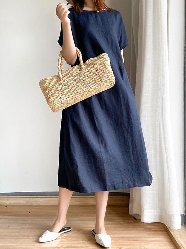 Robe mi-longue décontractée ample à col rond, couleur unie