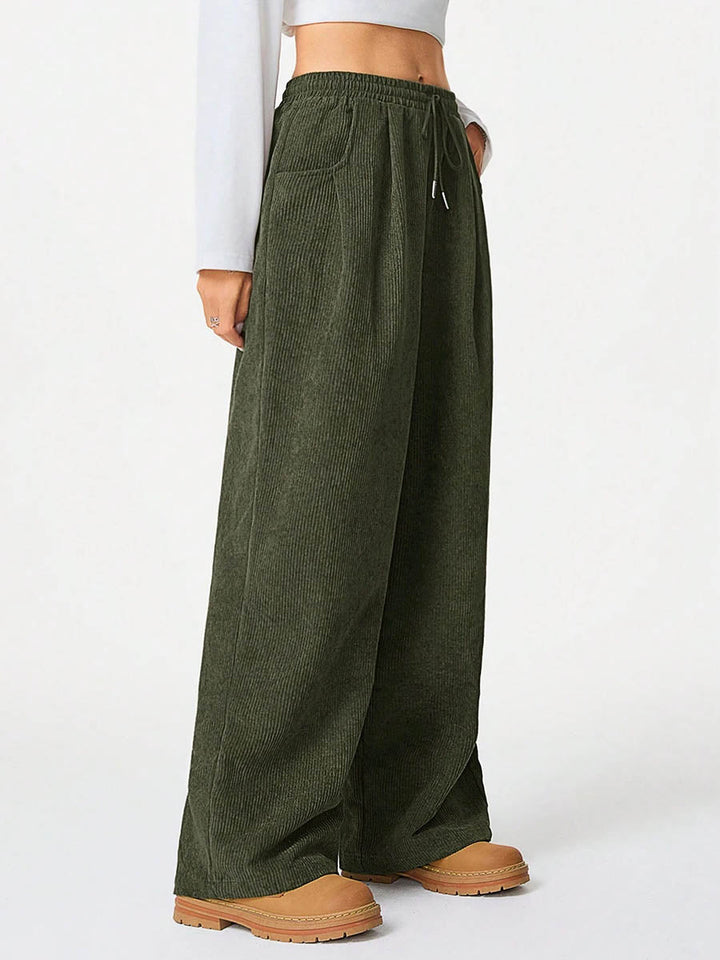 Pantalon taille haute, à jambes larges, à cordon de serrage, à taille élastique, à poches, couleur unie