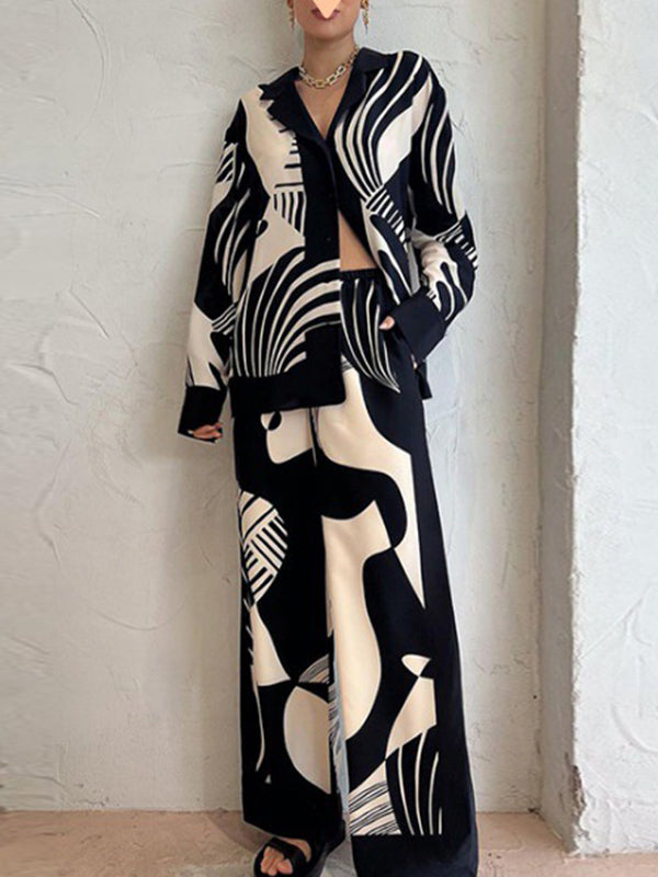 Ensemble blouse imprimée ample et pantalon à poches, couleur contrastée