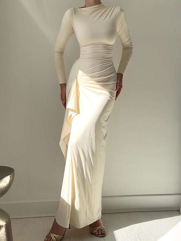 Robe longue moulante asymétrique plissée volantée taille haute, à empiècements, à col rond, couleur unie