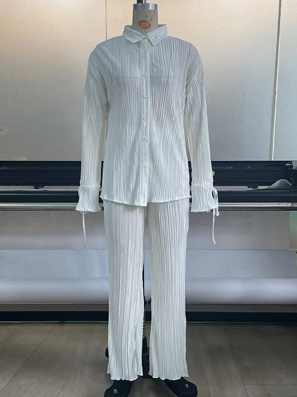 Ensemble pyjama à manches longues, manches évasées, boutonné, cordon de serrage plissé, couleur unie, chemises à revers fendues sur le côté, haut + pantalon, bas