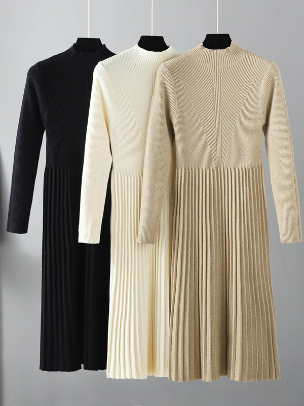 Robes pull élégantes à manches longues, taille haute plissée, couleur unie, demi-col roulé