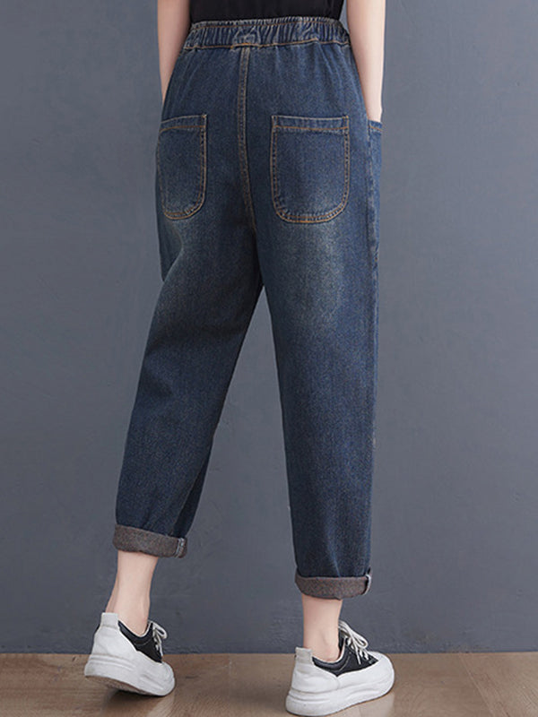 Pantalon en jean élastique ample rétro artistique