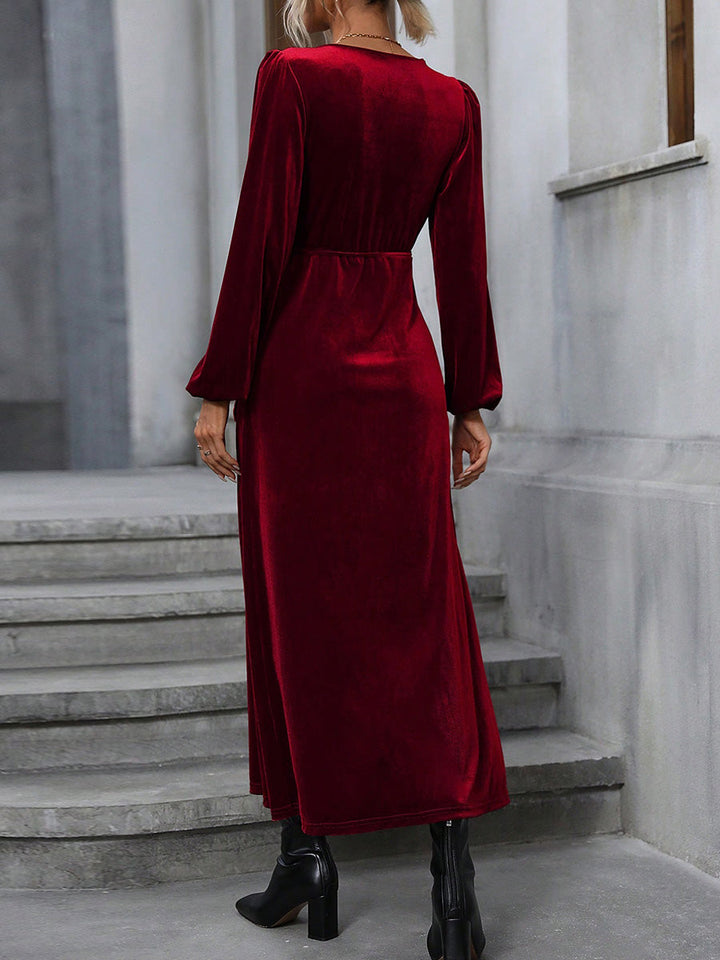 Robe longue fendue sur le côté taille haute, à manches longues, à taille nouée, en velours, à décolleté en V profond, couleur unie