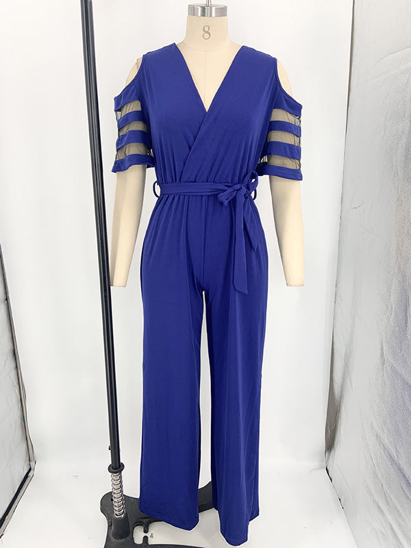 Combinaison ample ajourée taille haute, en résille, à taille nouée, à col en V, couleur unie