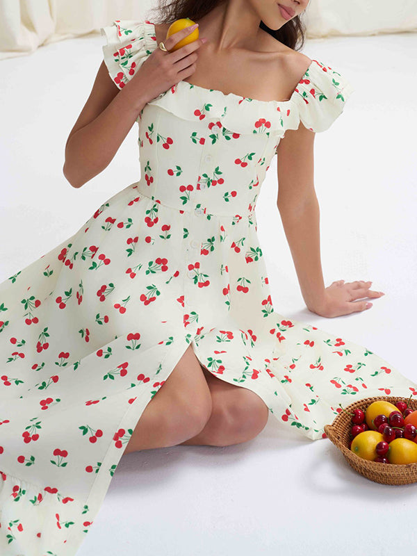 Robe mi-longue ample boutonnée plissée taille haute, à taille élastique, à imprimé floral, à col carré
