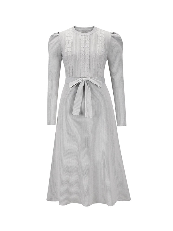 Robe pull taille haute, à manches longues, à taille nouée, à col rond, couleur unie