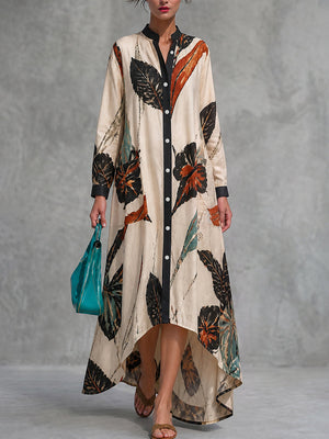 Robe chemise longue boutonnée ample à poches, à imprimé feuilles, à manches trois-quarts, à col cheminée