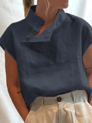 Chemise à col montant, à mancherons, couleur unie