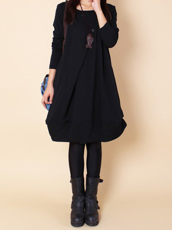 Robe longue plissée coupe trapèze, à manches longues, à col rond, couleur unie