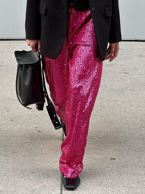 Pantalon ample brillant à jambes droites, à taille élastique, à sequins, à empiècements