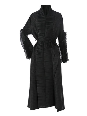 Robe mi-longue décontractée ample nouée plissée à manches longues, à col montant