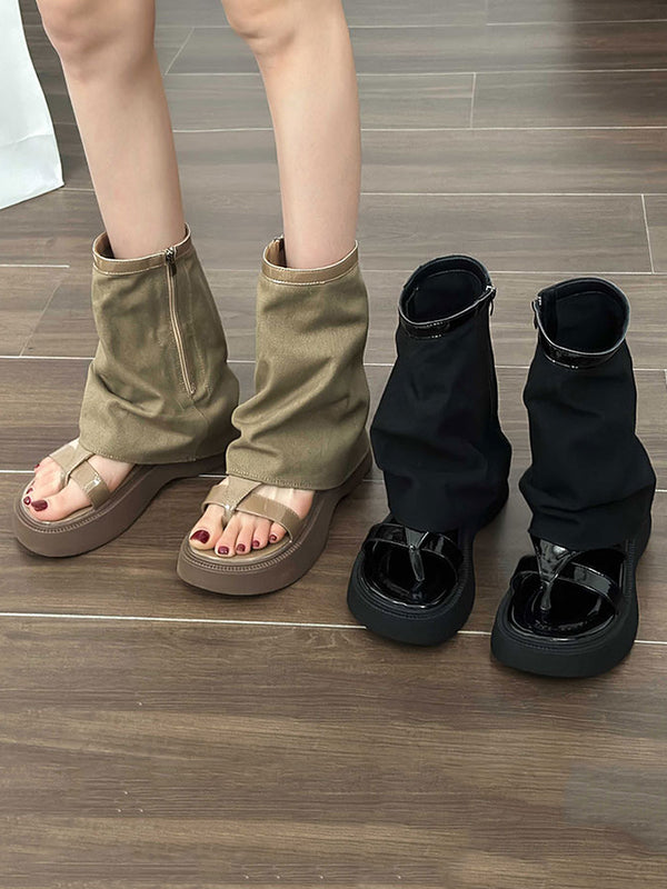 Bottes à fermeture éclair creuses à empiècements et à bout fendu, chaussures à plateforme, sandales