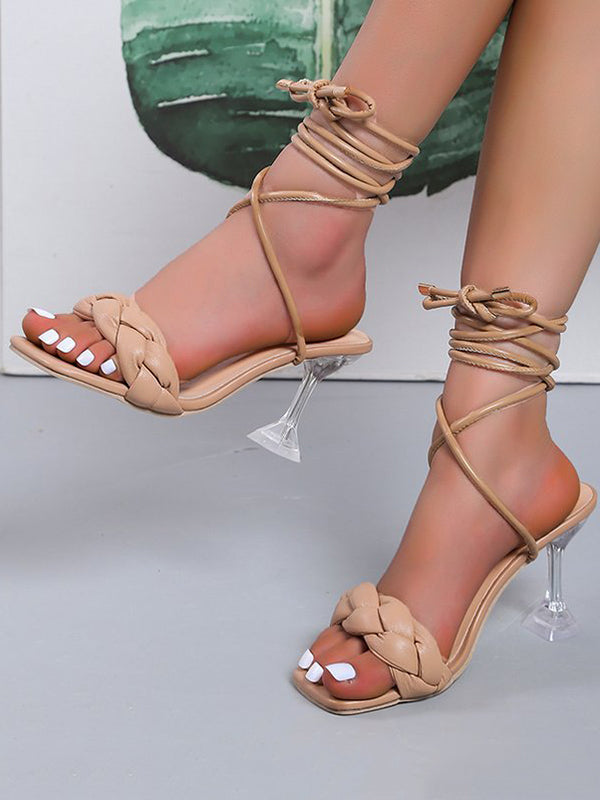 Sandales à talons à lacets, à bout ouvert, à empiècements, à bout carré