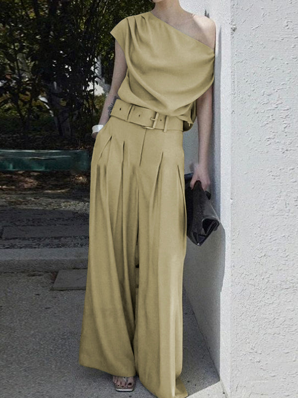 Pantalon ample plissé décontracté à jambes larges, avec ceinture, couleur unie