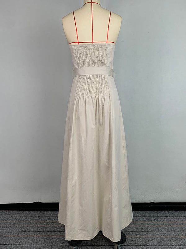 Robe longue ample boutonnée coupe trapèze, avec ceinture, à poches, bustier