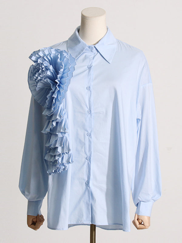 Chemisier ample asymétrique boutonné plissé à manches longues, à empiècements, à fleurs en 3D, à col revers, couleur unie