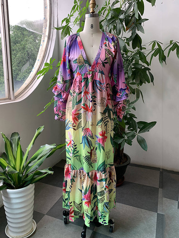 Robe longue plissée volantée à manches bouffantes, taille haute, à imprimé floral, à empiècements, à décolleté en V profond