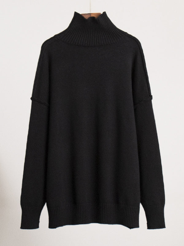 Pull ample à manches longues, à empiècements, à col haut, couleur unie