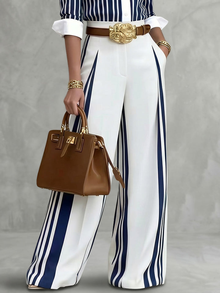 Pantalon taille haute, à jambes larges, sans ceinture, couleur contrastée