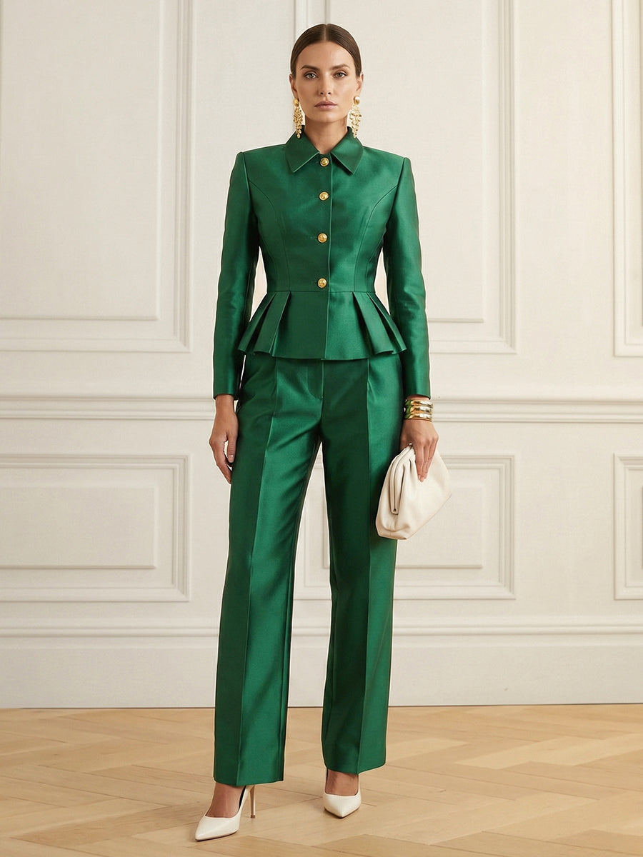 Chemisier boutonné volanté à taille élastique, taille haute, à empiècements, à col revers, couleur contrastée