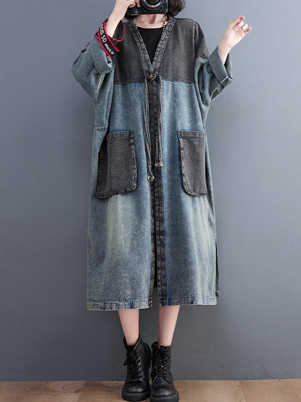 Artistique Rétro Denim Manches Longues Lâche Attaché à empiècements Trench Manteaux