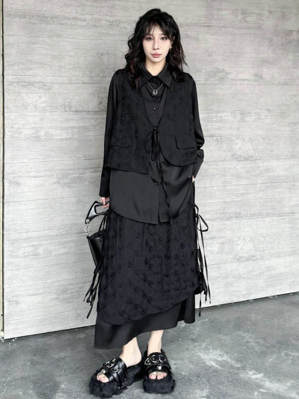 Ensemble deux pièces asymétrique boutonné à empiècements, à cordon de serrage, à imprimé floral, effet deux pièces, à col revers, à poches, à taille élastique, à double rang, couleur unie – chemisier + jupe