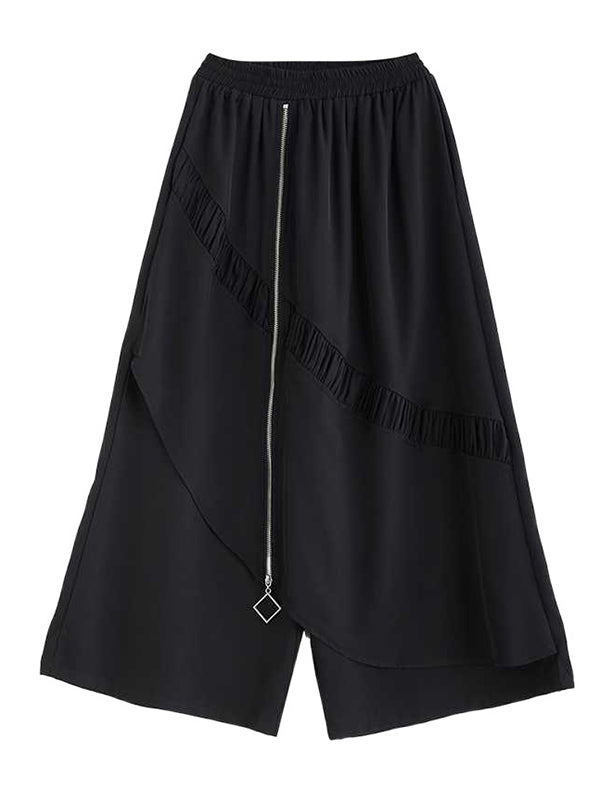 Pantalon jupe-culotte taille haute, ample, élastique, poches plissées, fermeture éclair, à empiècements