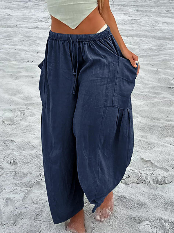 Pantalon ample plissé taille haute, à cordon de serrage, à taille élastique, à poches, couleur unie
