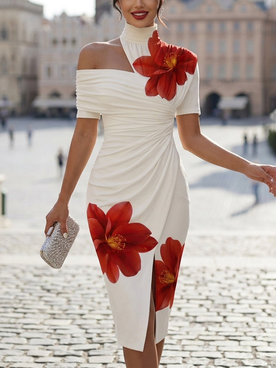 Robe mi-longue moulante plissée fendue devant à manches courtes, à imprimé floral, à col haut