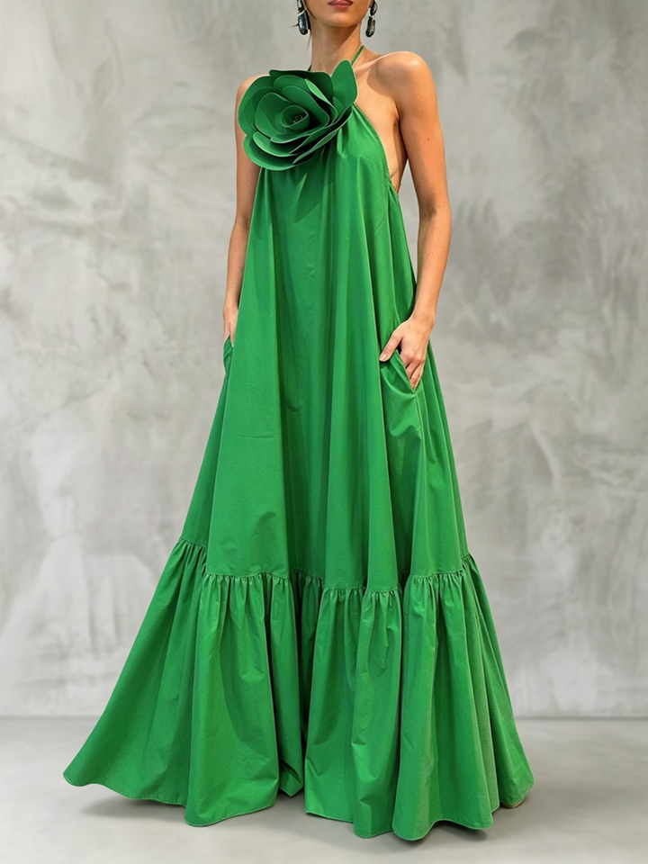 Robe longue plissée ample à fleurs en 3D, à poches, dos nu, sans manches, à col licou, couleur unie