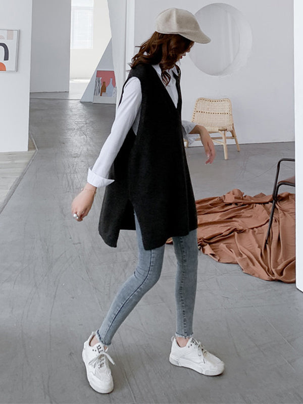 Gilet tricoté sans manches à la mode, fendu sur le côté, couleur unie, col en V