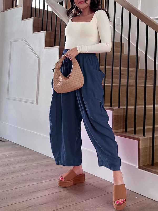Pantalon ample plissé taille haute, à cordon de serrage, à taille élastique, à poches, couleur unie