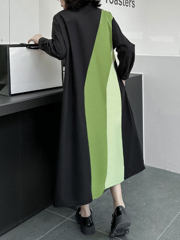 Robe chemise ample asymétrique boutonnée à manches longues, à empiècements, à col revers, couleur contrastée