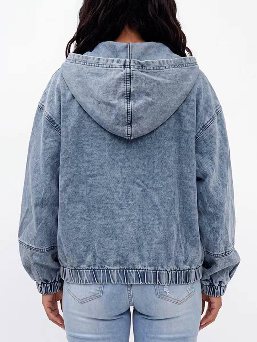 Veste ample à fermeture éclair, à poches, à taille élastique, à manches longues, à capuche, couleur unie