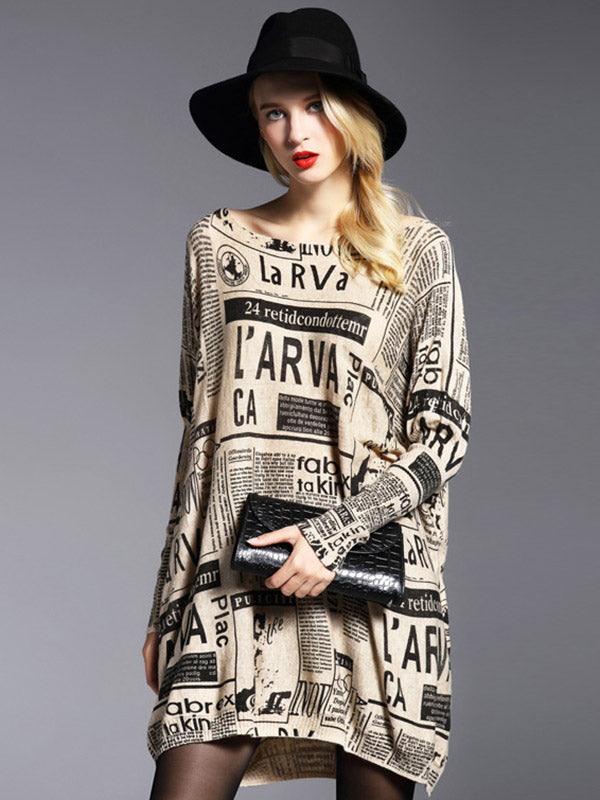 Pull vintage ample à une épaule imprimé journal à empiècements