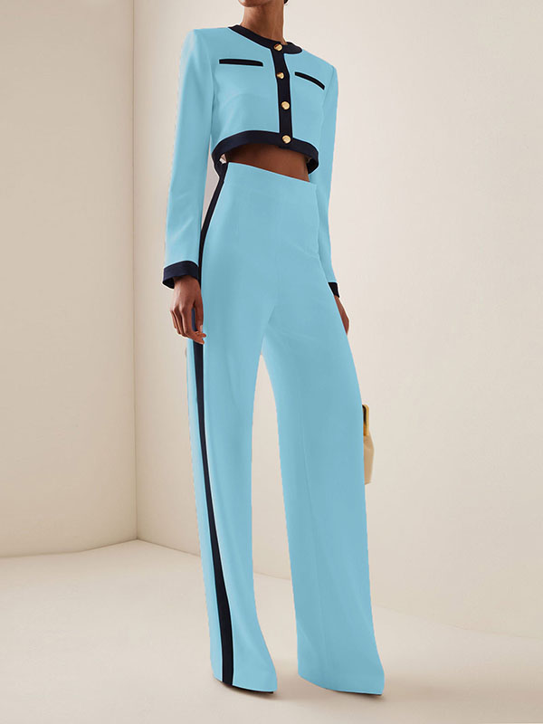 Ensemble deux pièces boutonné à manches longues, à empiècements, à col rond, taille haute – chemisier + pantalon