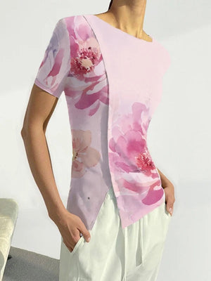 T-shirt fendu devant à manches courtes, coupe près du corps, à imprimé floral, à col rond
