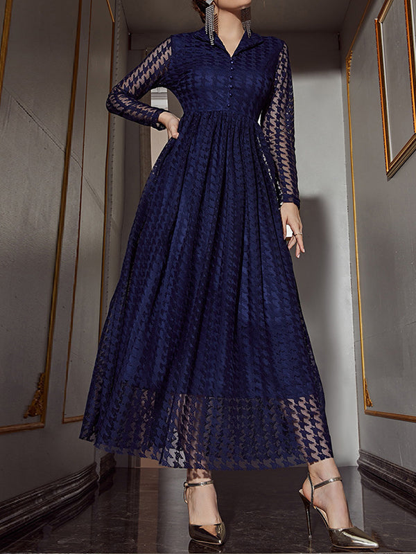 Robe longue boutonnée transparente taille haute, à manches longues, en gaze, à col en V, couleur unie