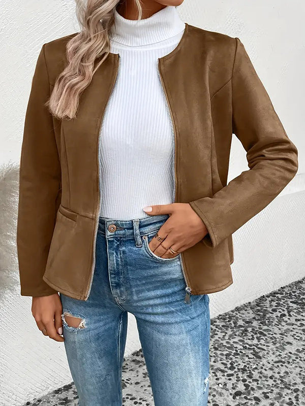 Veste ample à manches longues, à poches, à empiècements, à fermeture éclair, à col rond, couleur unie